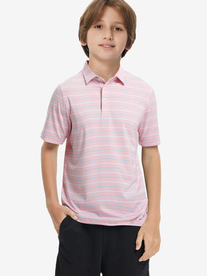 Front upper body of model wearing trendy boys stripe polo shirts, casual fit in light pink stripe
