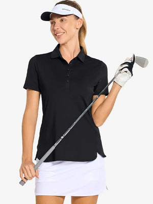 Front half-body of model in BLACK Women's Performance Solid Polo holding golf club