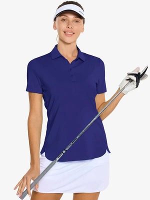 Front half-body of model in KLEIN BLUE Women's Performance Solid Polo holding golf club