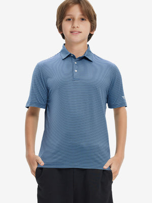 Front half-body shot of youth in blue denim stripe performance cooling polo, highlighting design and fit