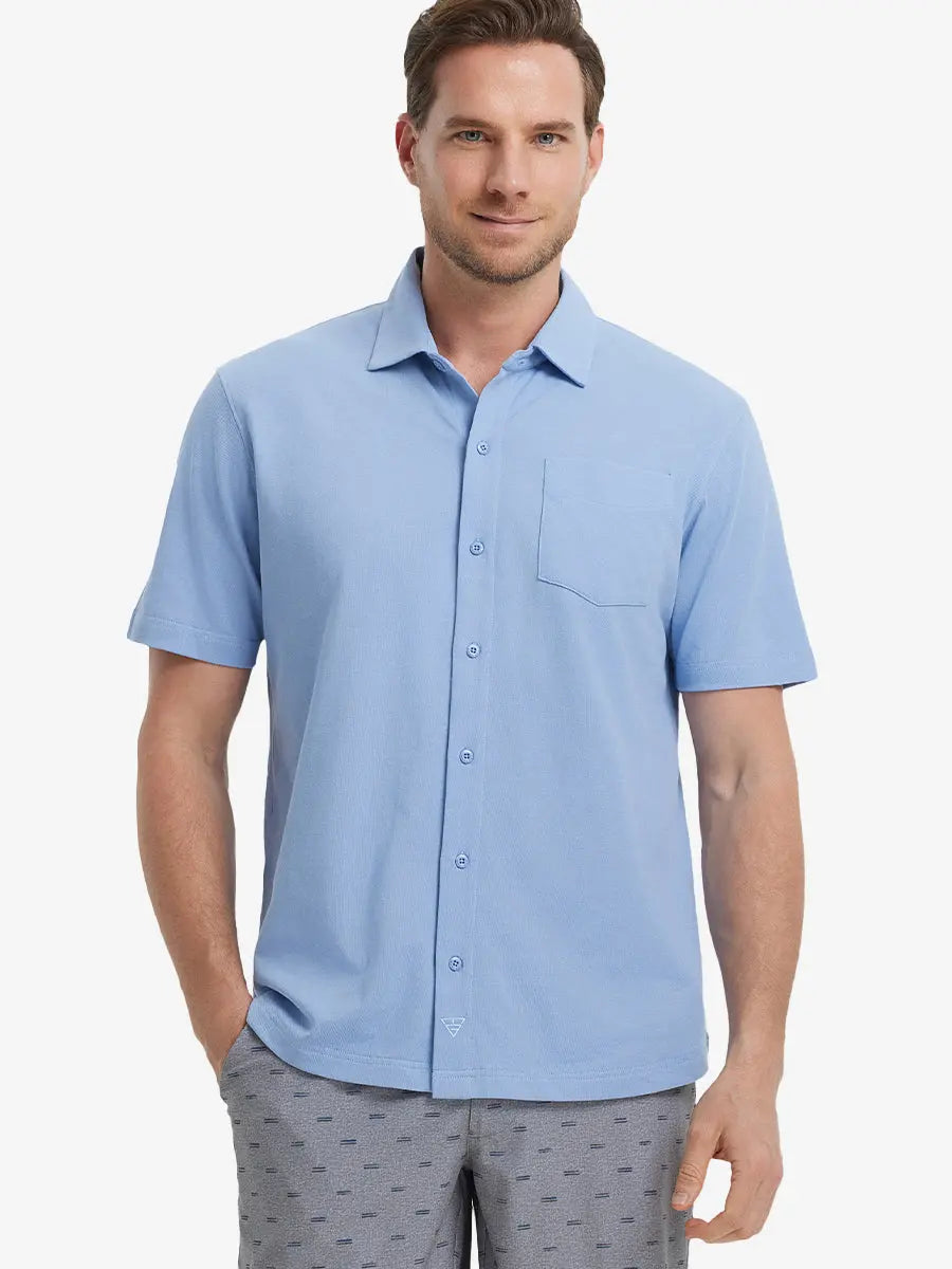 Model half-body front view wearing LIGHT BLUE Cotton Blend Plain Shirt.