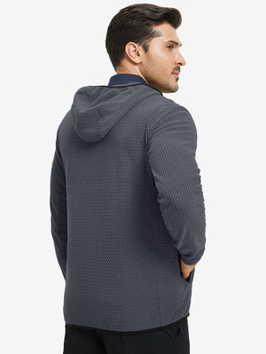 Back upper view of model in full zip fleece hoodied jacket, showing fit and seams in grey.