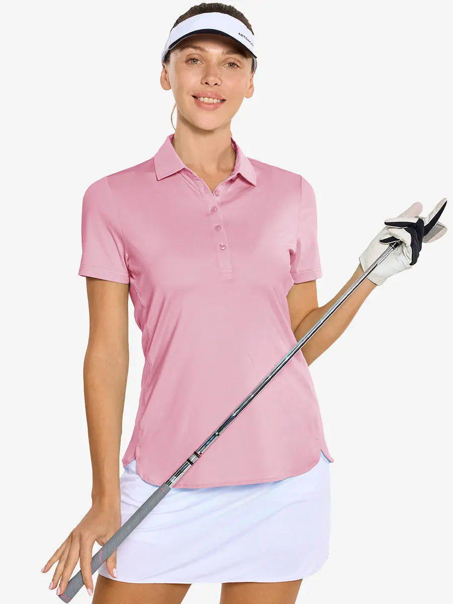 Front half-body of model in PINK Women's Performance Solid Polo holding golf club