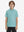 Front upper body of model wearing youth performance golf polos, clean fit and sporty turquoise/navy stripe look
