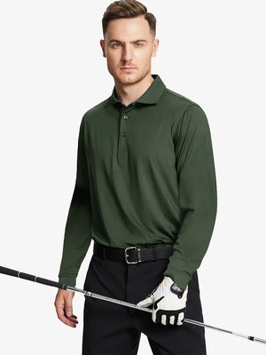 Model in OLIVE GREEN Long Sleeve Solid Jersey Polo holding golf club with confident front pose