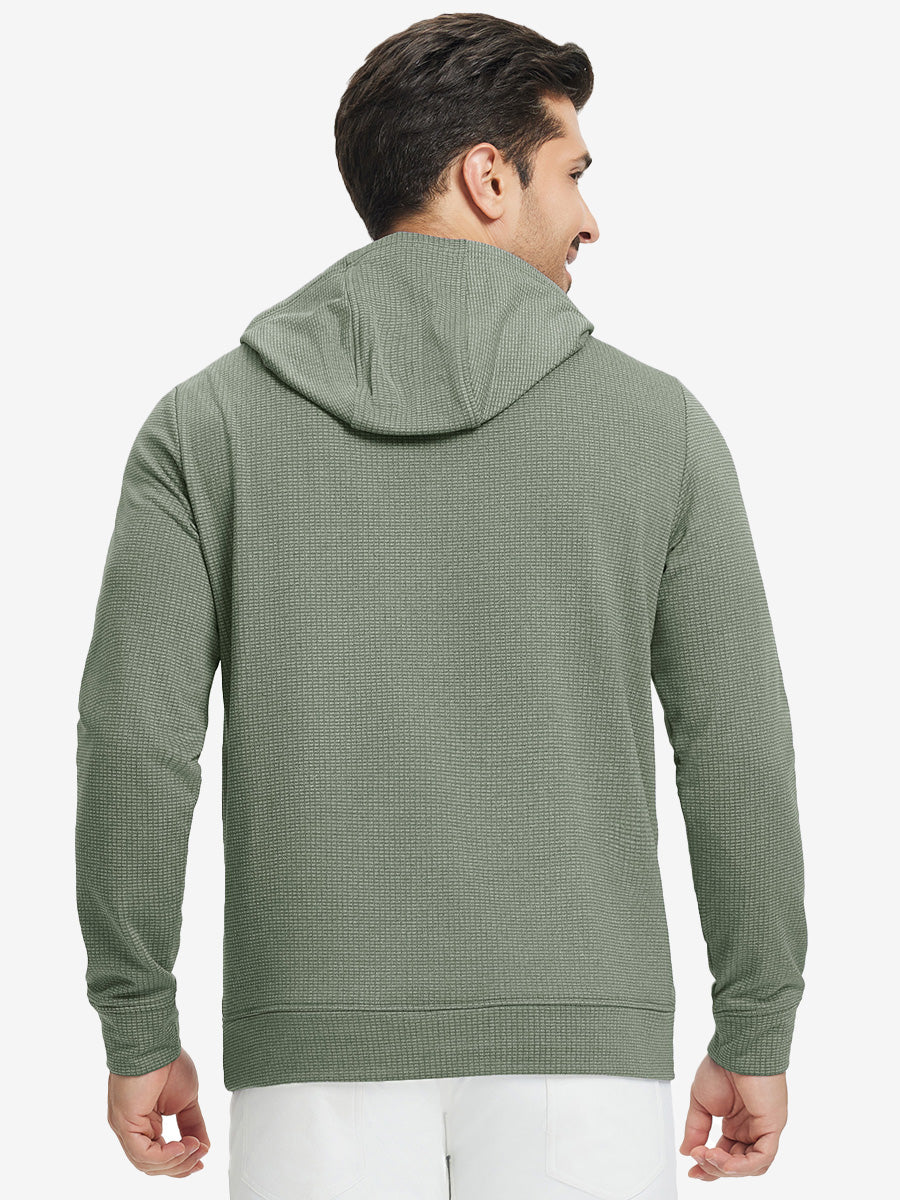 Back upper view of model in warm fleece golf hoodies pullover green.