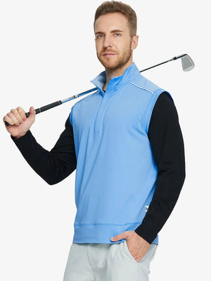 Half-body front view of model holding golf club wearing SKY BLUE Stretch Solid Fleece Quarter-Zip Vest.								
