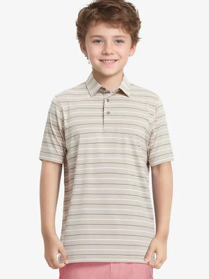 Half-body front view of child in LIGHT KHAKI STRIPE Kids Stylish Stripe Polo Shirt.