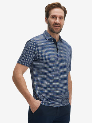Male model front upper body wearing Performance quick dry print golf polos, sleek blue white stars look