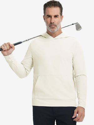 Model holding golf club, wearing dry fit stretchy sweatshirts hoodie in cream, sporty and casual.