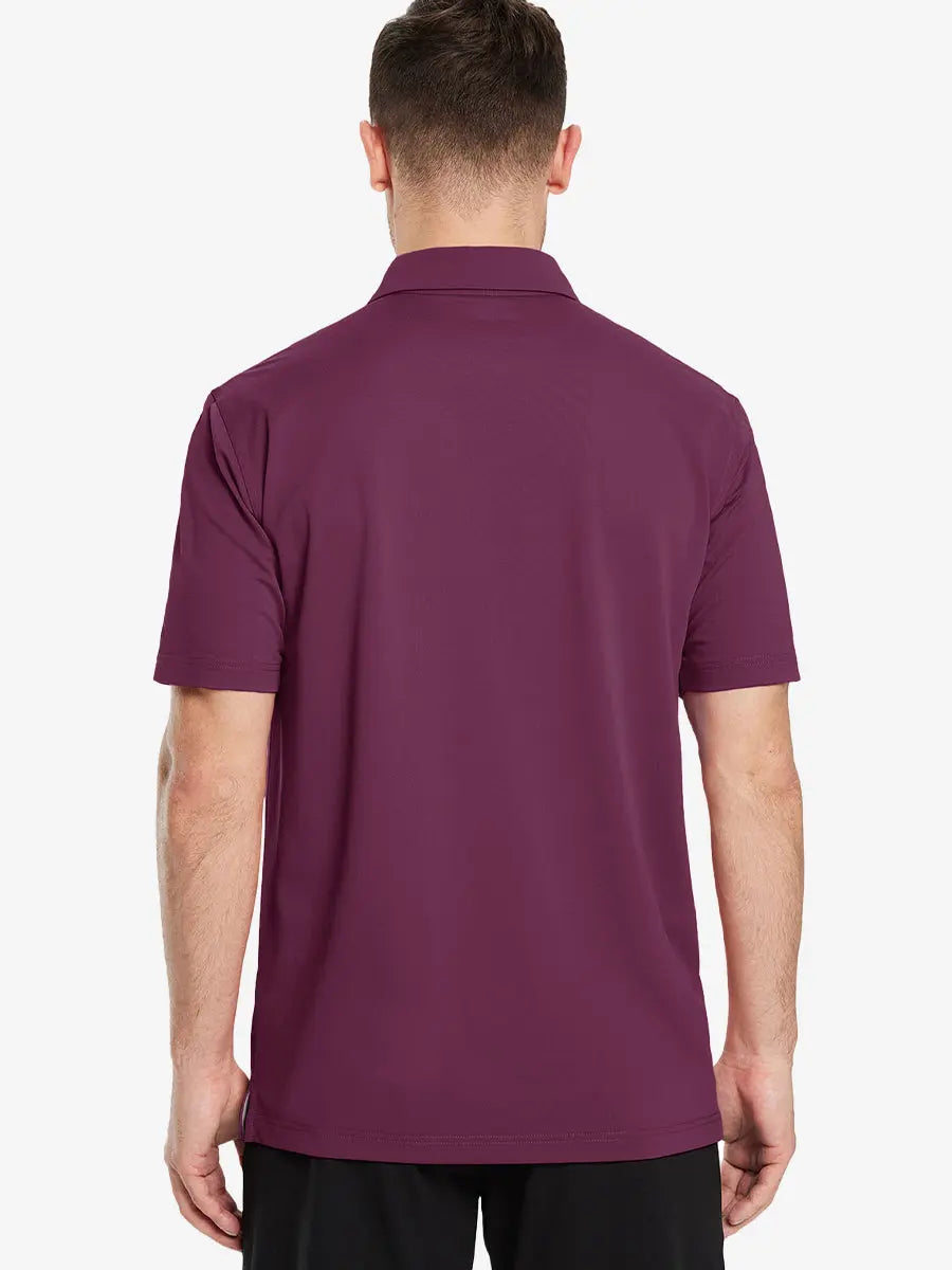Back view half-body of model in BORDEAUX RED Ventilated Pique Performance Polo