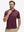 Front half-body shot of model wearing the burgundy geometric 4 way stretch print collared polo shirt for a casual sporty look