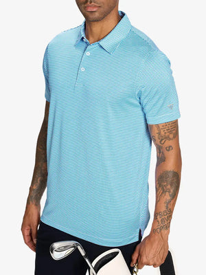 Model wearing Cooling Stripe Golf Shirt in SKY BLUE STRIPE, half-body front view with relaxed pose