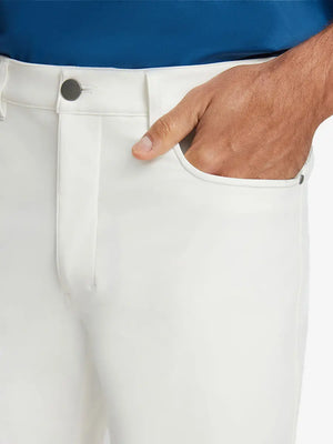 WHITE 4-way Stretch Performance Solid Shorts, front pocket with hand inserted, 7 Inch detail