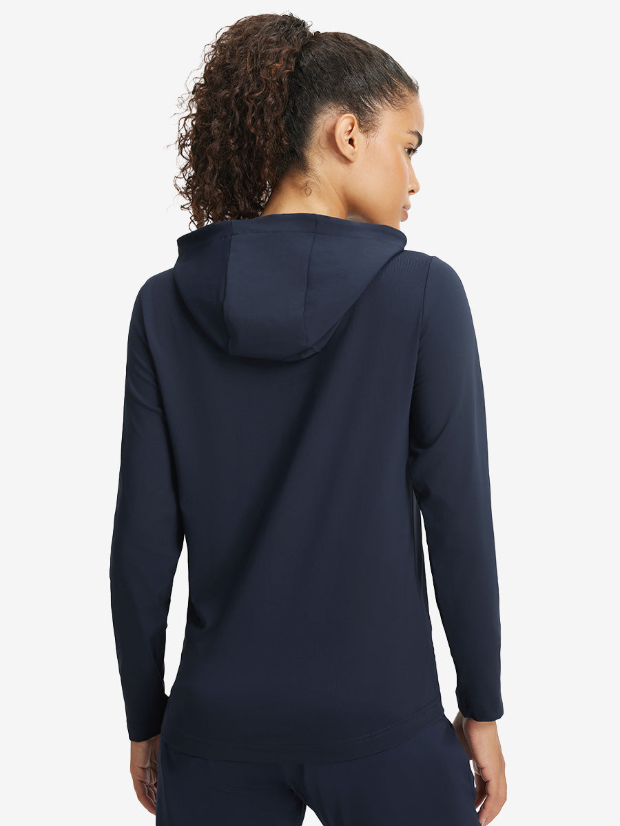 Back upper view of model in women's lightweight hoodies pullover, showing relaxed fit in navy.