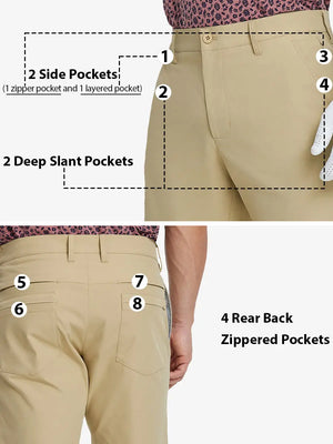 Detail view highlighting all 8 pockets front and back on KHAKI Water Resistant Versatile 8 Pockets Shorts.