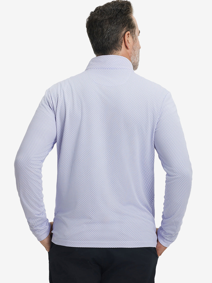 Back upper view of model wearing jacquard quarter zip pullover in lavender, showing clean seam lines.