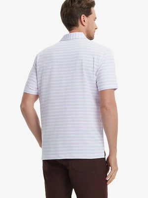 Back view of model in Lilac Light Blue Stripe Performance Stripe Golf Shirt