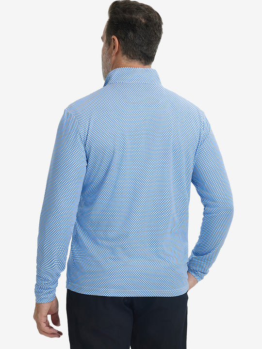 Back upper view of model wearing jacquard quarter zip pullover in blue/white, showing clean seam lines.