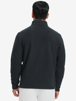 Back upper view of model in soft winter fleece jackets, showing shoulder fit and fleece texture in black.