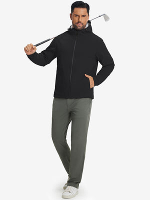 Model holding a golf club, wearing black water-resistant heat-tech softshell winter jacket with hood.