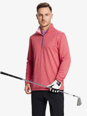 Half-body front shot, model holding golf club in RED MELANGE Moisture Wicking Quarter Zip Pullover.