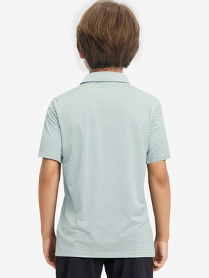Back half-body view of youth wearing yellow stripe performance cooling polo, showing rear design