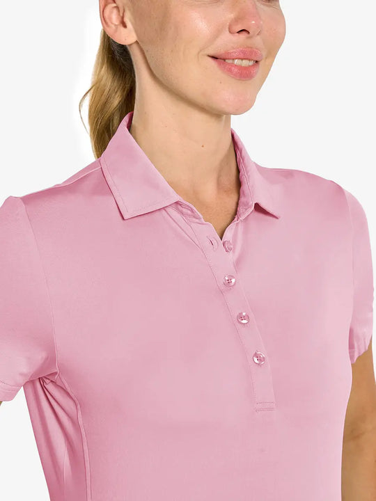 Close-up front view from nose to chest in PINK Women's Performance Solid Polo