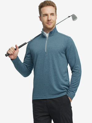 Full-body shot of model holding a golf club in colony blue melange moisture wicking quarter zip pullover