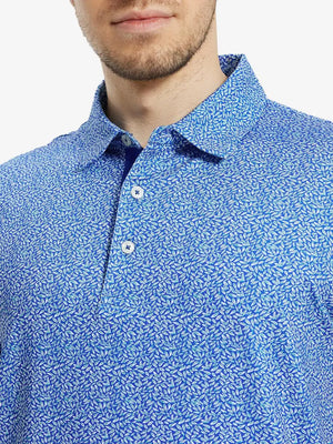 MAELREG Men's Performance Jersey Print Polo – Front chest view in Blue Small Leaf