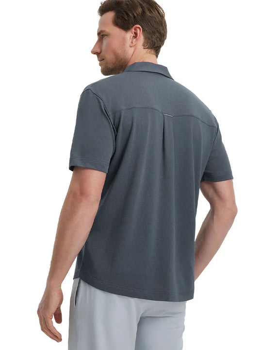 Model half-body back view wearing DARK GREY Cotton Blend Plain Shirt.