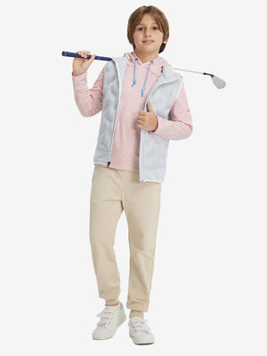 Model holding a golf club, wearing orange sea wave youth full print stylish hoodies pullover in full-body view.