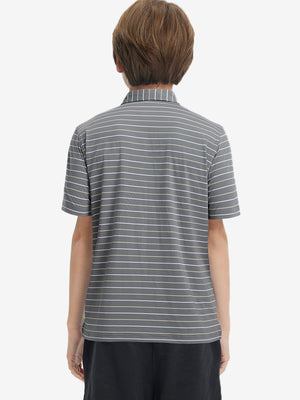 Back upper body of model in trendy boys stripe polo shirts, showing silhouette and neutral stripe tone
