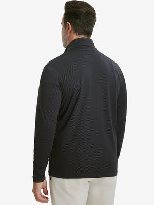 Back upper view of model wearing jacquard quarter zip pullover in dark grey/black, showing clean seam lines.