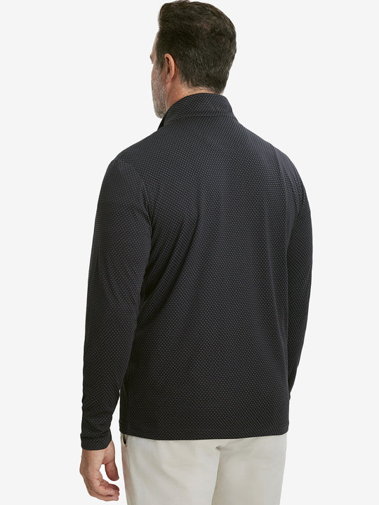 Back upper view of model wearing jacquard quarter zip pullover in dark grey/black, showing clean seam lines.