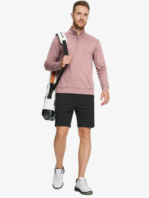 Full-body front view of model wearing PINK HEATHER Quarter Zip Melange Pullover with backpack, sporty casual look.