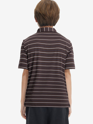 Back upper body of model in trendy boys stripe polo shirts, showing silhouette and brown stripe tone