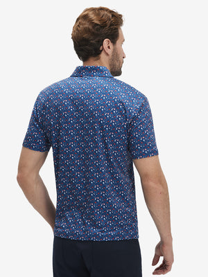 Back half-body view of model wearing the american elements 4 way stretch print collared polo shirt, highlighting the rear silhouette