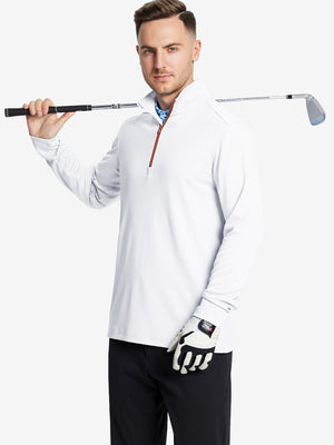 Full-body shot of model holding a golf club in white moisture wicking quarter zip pullover
