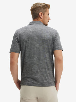 Back waist-up shot of model wearing grey pineapple breathable jacquard pattern 3-button golf polo