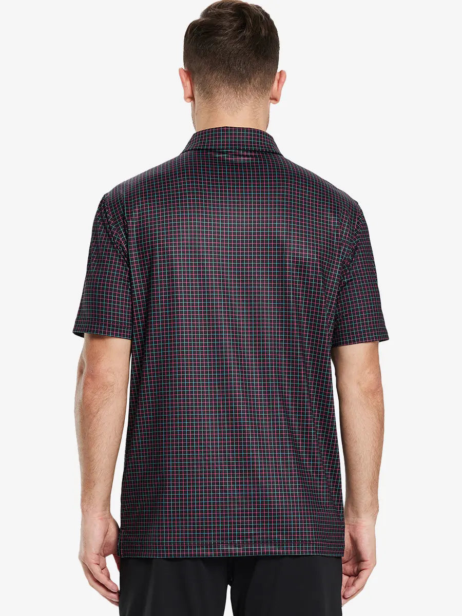 Back half-body view of model in BLACK GRID Performance Quick Dry Print Golf Polo.