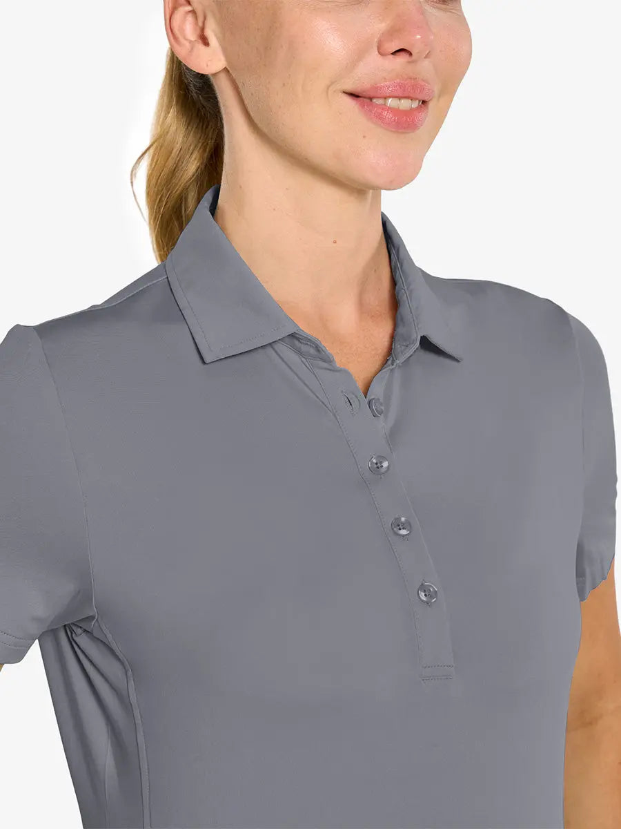 Close-up front view from nose to chest in LIGHT GREY Women's Performance Solid Polo