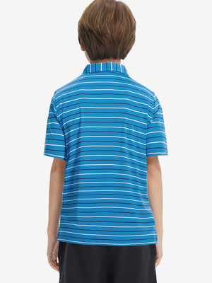 Back upper body view of kids stylish stripe polo shirts, showing pattern and classic blue stripe tone