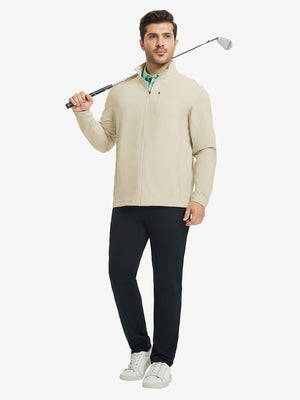 Lightweight casual fleece jacket with 5 pockets, light khaki, full body golf scenes with clubs