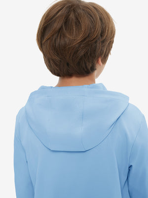 Back upper view of youth long sleeve hoodied with kangaroo pocket in light blue, showing fit and shoulders.