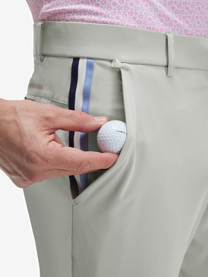 Detail view of front pocket on silver gray breathable casual slacks with 4 pockets