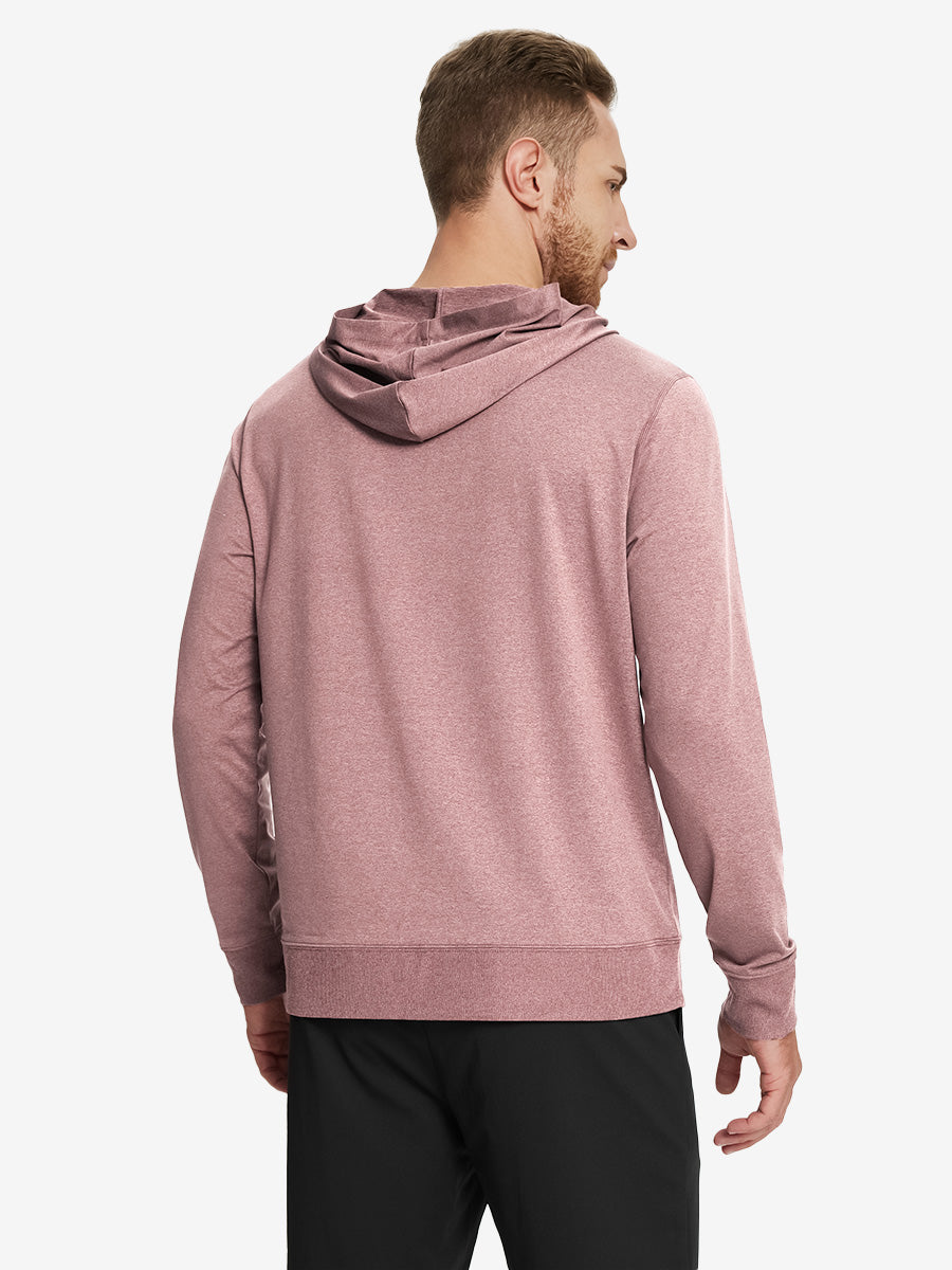 Back view of the Athletic Golf Hoodie in Pink Heather, model turns head slightly for a casual look.