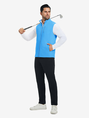 Lifestyle shots of water-resistant fleece golf vests in sky blue, worn while holding golf clubs