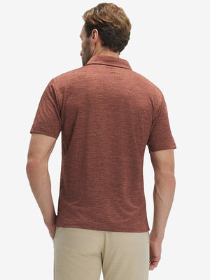 Back waist-up shot of model wearing red flower breathable jacquard pattern 3-button golf polo