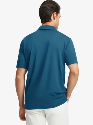 Back half-body view of model in BLUE Stylish Chest Print Snap Polo